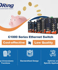 C1000 series Ethernet switch with cost-effective design and industrial networking features, shown with piggy bank illustration.