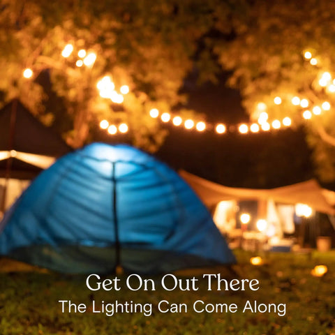 Ambience Pro USB Powered Outdoor String Lights 24 Ft Waterproof Shatterproof Patio Vibes Lighting over campsite with tent