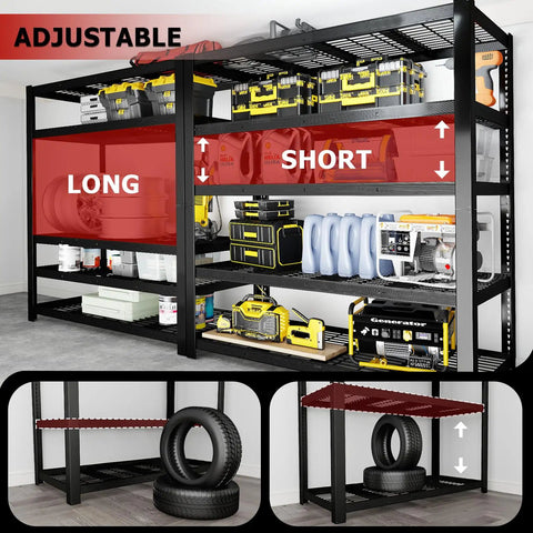 Beefy Five Shelf Garage Shelving Unit Heavy Duty Metal Storage Rack 72 Inches High 62 Inches Wide 24 Inches Deep Total Weight Capacity 3050 Lbs Adjustable Shelves Perfect For Basement Warehouse Or Workshop, shown with tools and tires.