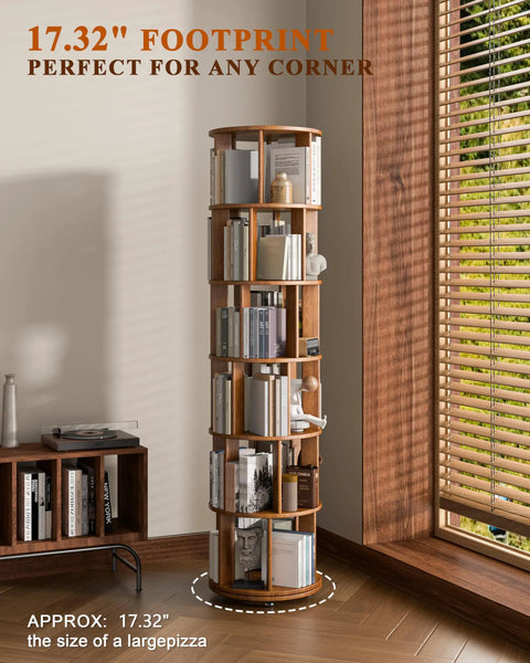 Six Tier Solid Wood Rotating Bookshelf On Wheels With Smooth Three Sixty Spin And Locking Wheels Makes This Round Walnut Bookcase A Real Game Changer For Tiny Bedrooms Or Offices While Providing Super Sturdy Storage And Zero Hustle Access