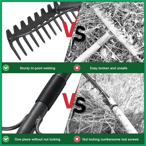 Comparison of 63 Inch Bow Rake With 17 Steel Tines And Stainless Handle vs traditional rake, focusing on durability and design