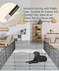 Indoor setup of Outdoor Garden Fence For Dogs 32 Inch High 23 Ft Long Rustproof Metal Fencing with a dog inside the enclosure.