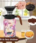 Floral Pattern Teapot With Wood Handle, Insulated Stainless Steel Thermal Teapot With Infuser, V Shape Mouth for tea, 50.73 oz