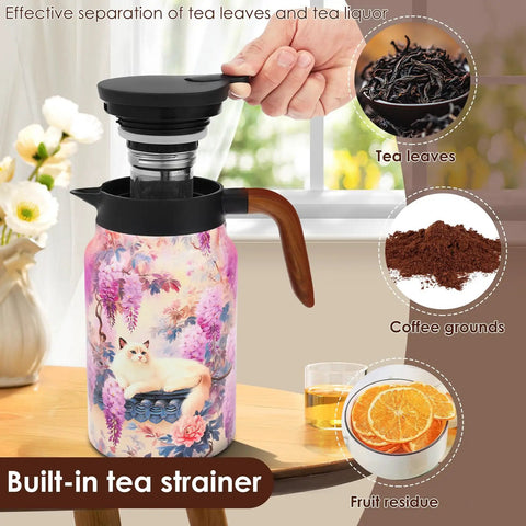 Floral Pattern Teapot With Wood Handle, Insulated Stainless Steel Thermal Teapot With Infuser, V Shape Mouth for tea, 50.73 oz