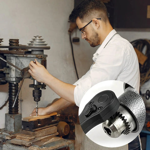 Man using Sunny 3 In 1 Ratchet Drill Chuck Key Spanner Wrench With Magnetic Tip on drill press for tightening.