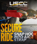 Heavy Duty Twisted Snap Hook Ratchet Straps 2 By 8 Feet Rock Solid Grip 4 Pack secured to vehicle axle with snap hook.