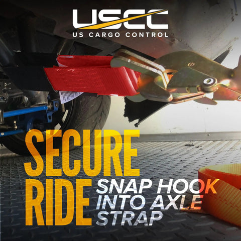 Heavy Duty Twisted Snap Hook Ratchet Straps 2 By 8 Feet Rock Solid Grip 4 Pack secured to vehicle axle with snap hook.