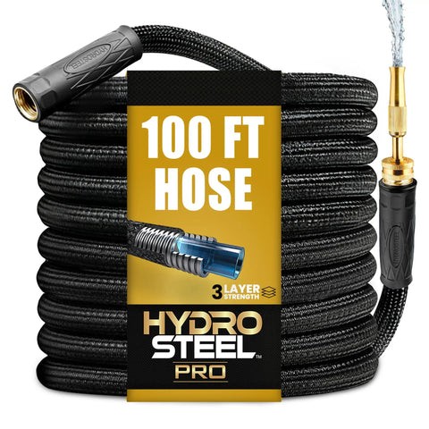 HydroSteel Pro Built Tough 100 Ft Metal Garden Hose With Nozzle, 304 Stainless Steel Core in black, kink-free design.