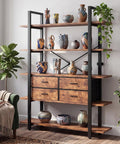 Industrial 5-Tier Bookshelf With Open Storage And Four Drawers, Sturdy Metal Frame And Durable Particleboard Shelves For Books, Decor, And Collectibles