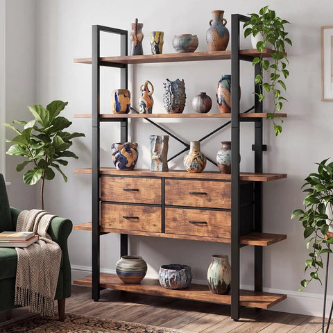 Industrial 5-Tier Bookshelf With Open Storage And Four Drawers, Sturdy Metal Frame And Durable Particleboard Shelves For Books, Decor, And Collectibles
