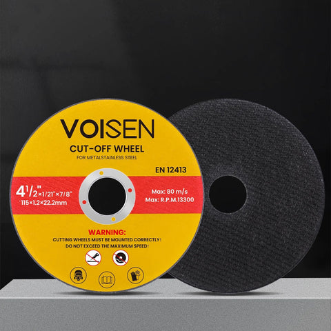 Front view of VOISEN 4-1/2 in cut-off wheel with yellow label for metal; black abrasive disc behind.