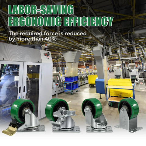Built Tough 3 Inch Polyurethane Heavy Duty Casters Roll Smooth Swivel Wheels Hold 700 Lbs Zero Scratch Marks On Industrial Floors Made For Utility Carts And Workbenches Set Of Two showcased in a factory setting.