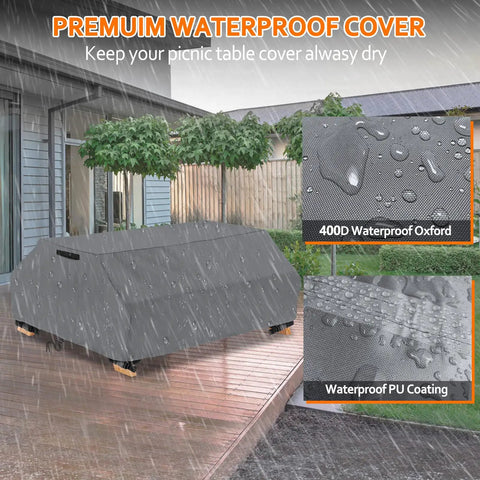 Waterproof Picnic Table Cover for 6 ft bench set with all-weather gray protector in rain, showing waterproof oxford material detail