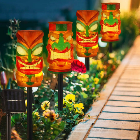 4 Pack Solar Tiki Light Decor Waterproof Tiki Statues For Outdoor Hawaiian Party Luau Birthday Party Tropical Bar Christmas Garden Yard Decor Cute For Lawn Ambience