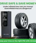 Portable Cordless Tire Inflator With Hard Case Bundle and car tires on display with digital gauge and LED light