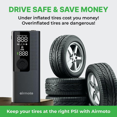 Portable Cordless Tire Inflator With Hard Case Bundle and car tires on display with digital gauge and LED light