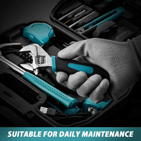Person holding an adjustable wrench from the 124 Pcs 4V Cordless Screwdriver Tool Kit Set With 6 Plus 1 Torque Settings Adjustable 3 Position 4Nm Electric Screwdriver Flexible Shaft Storage Toolbox For Home Projects