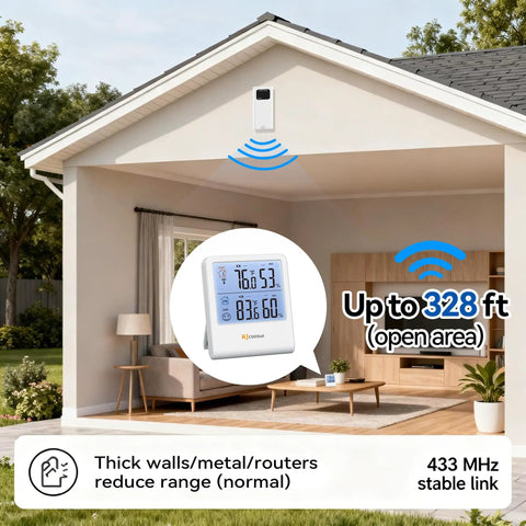 Wireless Indoor Outdoor Thermometer Hygrometer With Outdoor Sensor, No-Fuss Setup Digital Temperature And Humidity Monitor, 328ft Range, Backlit LCD Display, Perfect For Home, Living Room, Patio And Garage, Battery Included shown in a patio setup.