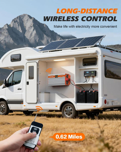 Person using remote for Workhorse 2000W Pure Sine Wave Inverter For RVs And Trucks, 12V DC To 120V AC Converter from a distance