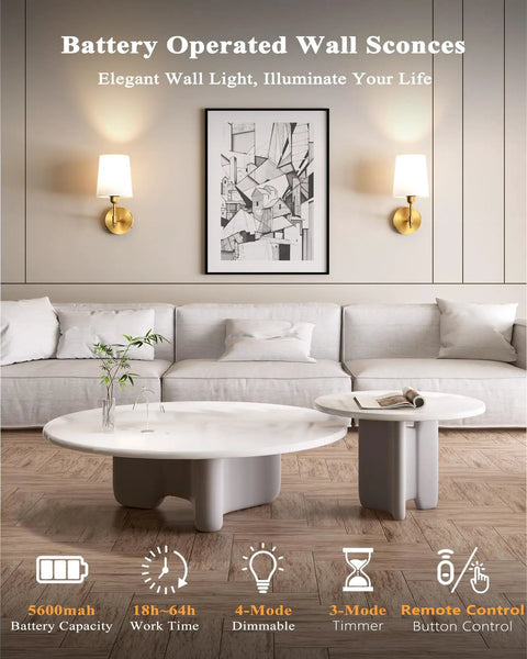 Super Sleek Battery Operated Wall Sconces Set Of 2 With Remote Control And Rechargeable RGB Bulbs In Classic Gold illuminating a cozy living space.