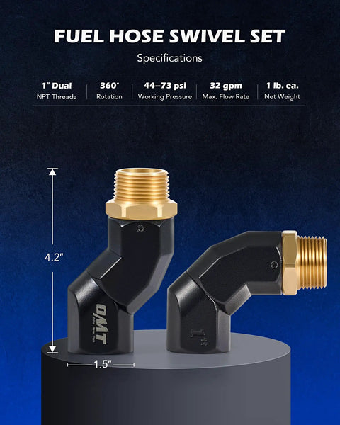 Two Piece One Inch NPT Fuel Hose Nozzle Swivel Kit With 360 Degree Rotation For Easy Safe Fueling And Flexible Angled Access Gas Pump Ready Fits Any 1 Inch Hose Or Nozzle Leak Free And Durable, black and brass 1-inch NPT elbows