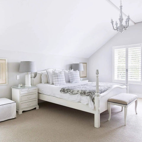 Elegant white bedroom with four-poster bed and chandelier showcasing Peel And Stick White Wallpaper Self Adhesive Removable Thick Waterproof