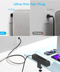 Straight Up Solid Desk Clamp Power Strip With Nine AC Outlets And Eight USB Ports For Stacked 40W Fast Charging Built Different For Heavy Duty Home Office Use, showing ultra-thin flat plug design.