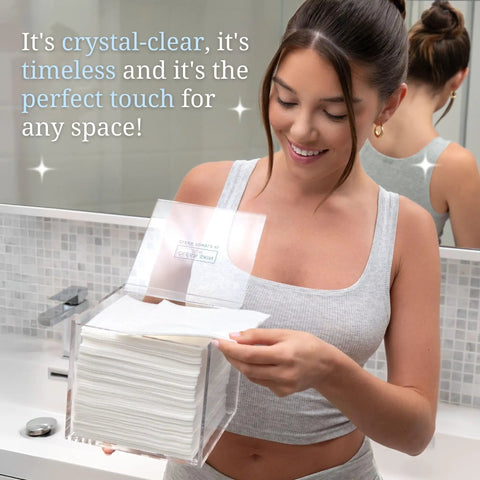 No Fuss Clear Acrylic Storage Box For Towels And Towelettes Countertop Dispenser Bin showcases towels, 6.6 x 6.1 x 5.9 in, on a bathroom countertop.
