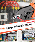 Hand using Six Piece Pro Grade Crimping Tool Set With Ratcheting Wire Crimper And Six Interchangeable Dies on wiring panel