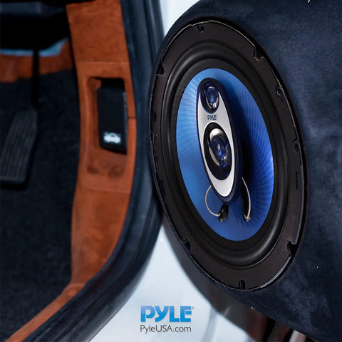 6.5 Inch Triaxial Car Speaker System 180W RMS 360W Peak 4 Ohm Impedance Three Quarter Inch Piezo Tweeter Round Full Range Loud Audio Blue PL63BL Bass Packed Upgrade for Your Car Stereo blue cone speaker in car door