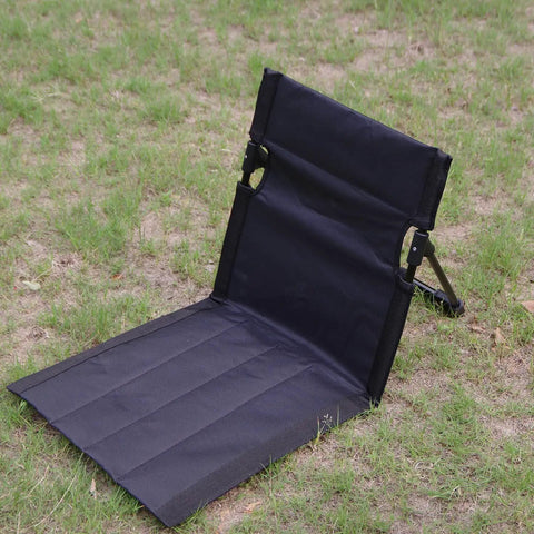 Ultra Lightweight Outdoor Camping Backrest Foldable Chair For Park And Beach Hangout Portable Single Lazy Chair With Aluminum Frame Easy One Step Setup Compact Carry Bag Carbon Black unfolded on grass lawn.