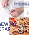 Hand using scissors from a portable sewing kit for quick on the go repairs, with text about the craft of sewing.