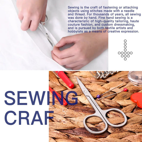 Hand using scissors from a portable sewing kit for quick on the go repairs, with text about the craft of sewing.