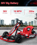 Electric Drift Go Kart For Adults With 350W Motor And Adjustable Length Comfortable Drifting Go Kart Design Top Speed Up To 16 MPH Maximum Load 187 Lbs 36V Battery Red Finish For Outdoor Fun shown in an urban environment