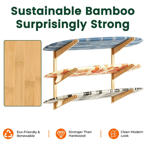 Solid 3 Tier Bamboo Surfboard Rack for Wall Mount or Floor Stand with three surfboards displayed.