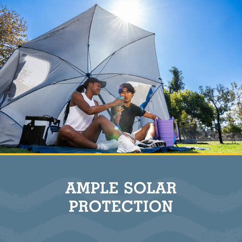 Blue 8 Foot Canopy Shelter With UPF 50 Plus Sun And Rain Protection Two Patented Side Panels For Privacy in a sunny park setting