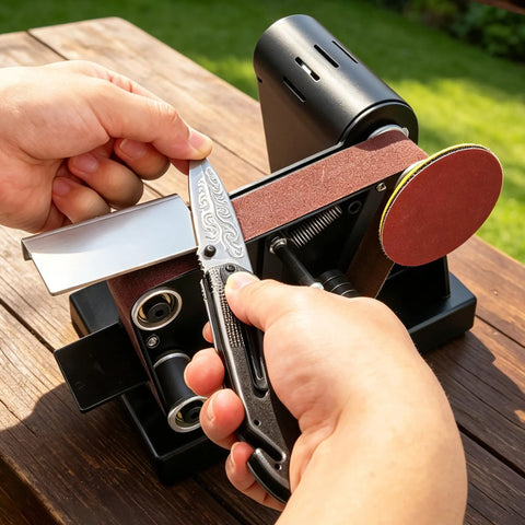 Person using Hella Versatile Mini Belt Sander And Four In One Compact Grinder With Polishing Wheel And Sanding Disc for knife sharpening.