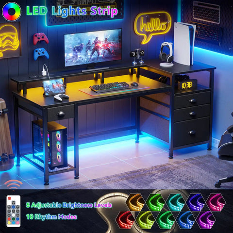 60 Inch Black Computer Desk With 4 Drawers And Printer Space, LED Lights, USB Power Outlets, Gaming Setup