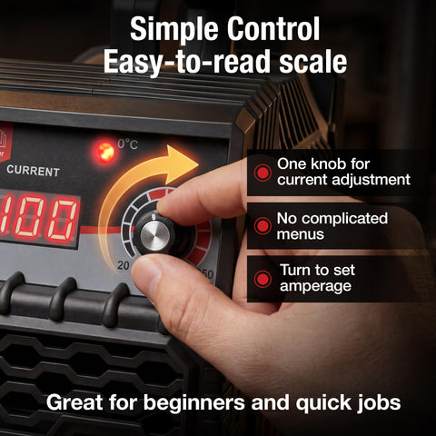 Hand adjusting knob on Portable Stick Welder With IGBT Inverter 250A Output Display showing easy control options
