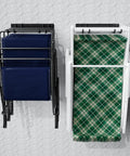Heavy Duty Folding Chair Storage Rack And Wall Mount Organizer Hooks For Garage And Garden Use Holds Up To 240 Lbs No Fuss Quick Setup Ideal For Lawn Beach Camping And Yard Chairs 2 Pack showing two racks with blue and plaid chairs.