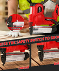 Heavy Duty 20V Cordless Brad Nailer And Stapler Kit Featuring Adjustable Depth Control, showing safety switch and LED lighting.