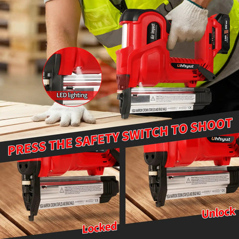 Heavy Duty 20V Cordless Brad Nailer And Stapler Kit Featuring Adjustable Depth Control, showing safety switch and LED lighting.