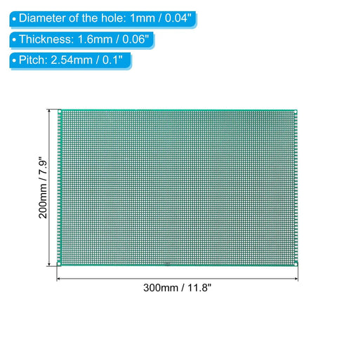 Two Pack Double Sided FR4 PCB Board Set 30 By 20 Cm 1.6 mm Thick Green Prototyping Soldering Board For DIY Electronics Projects Dope For Breadboarding Hobbyists Educational Tools And Home Workshop, showing dimensions and specifications.