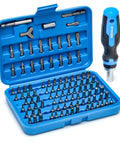 101 Piece Security Bit Set With Ratcheting Screwdriver Rock Solid Chrome Vanadium Steel in blue case with screwdriver.