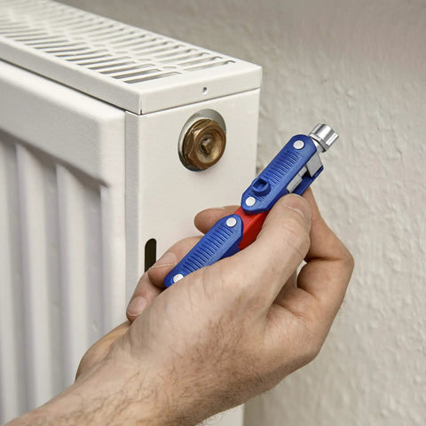 Double Joint Folding Cabinet Key With Magnetic Locking Three Profiles Outside Square Triangle And Double Bit in use on radiator
