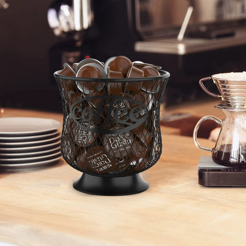 Barista Approved Large Capacity Coffee Pod Holder for K Cups and Nespresso Vertuo Pods on kitchen counter, mesh design.