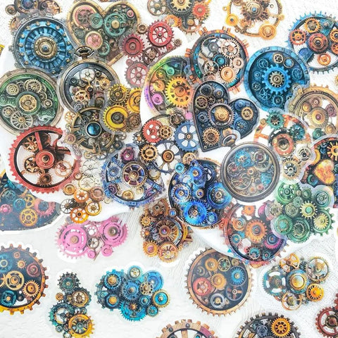 Dope Steampunk Gear Sticker Set 50pc For Journaling And Scrapbooking, Vintage Clockwork Gears And Resin Elements, Waterproof