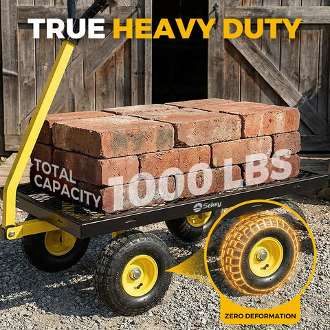 Heavy Duty Steel Garden Cart For Yard And Farm With Removable Sides That Converts To Flatbed 1000 lb Load Capacity transporting bricks