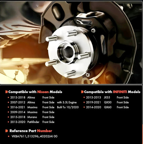 Front Wheel Hub Bearing Assembly 5 Lug Fits Nissan Altima 2007-2018, Maxima 2009-2021 close-up view showing axle teeth and flange