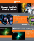 Display of auto-darkening welding helmet with three independent arc sensors, showing various styles and PureColor lens technology.